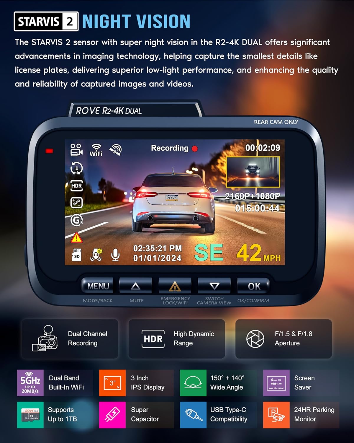 Dash Cam Front and Rear 24H Parking Mode
