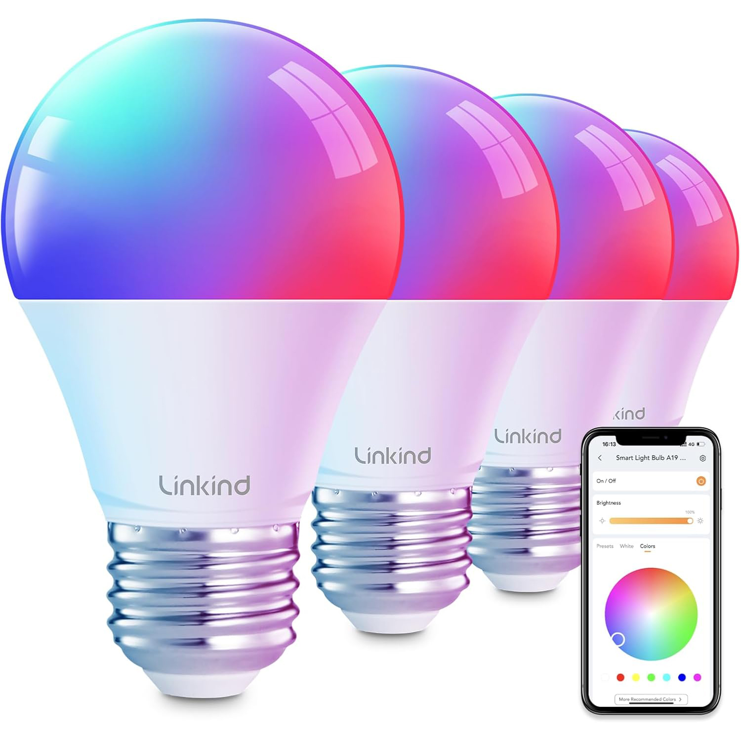 Linkind Smart Light Bulbs, Smart Bulb That Work with Alexa & Google Home, LED Light Bulbs Color Changing, 64 Preset Scenes, Music Sync, A19 E26 2.4GHz RGBTW WiFi Bluetooth Light Bulb 60W, 800LM, 4Pack